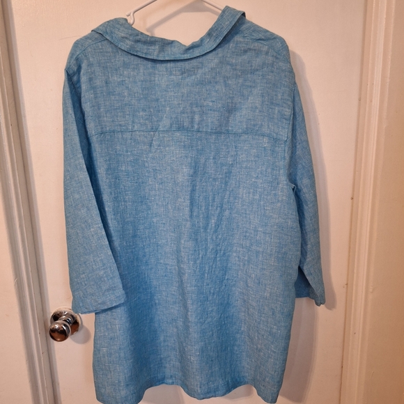 Tahari 100% linen pullover 3/4 sleeve, V neck tunic top. Blue Coastal Size 1X - Picture 2 of 5